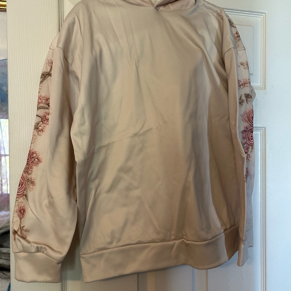 Cream Hoodie with Floral Sleeve Detail